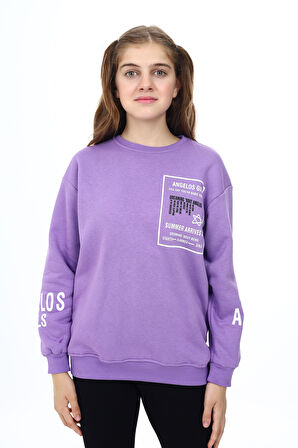 Kız Çocuk Yaka ve Bilek Baskılı 3 İplik Sweatshirt Px492.3