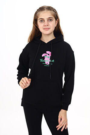 Kız Çocuk Tavşan Baskılı Kapüşonlu Sweatshirt Px872.5