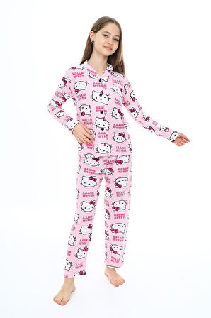 Kız Çocuk Kedi Baskılı Pijama Takımı 7-16 Yaş 0150