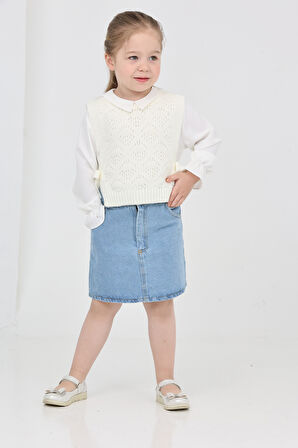 Kız Çocuk 3'lü Jean Takım (Jean Etek+Gömlek+Triko Yelek) 12170