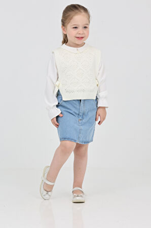 Kız Çocuk 3'lü Jean Takım (Jean Etek+Gömlek+Triko Yelek) 12170