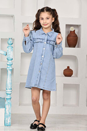 Kız Çocuk Gömlek Yakalı Jean Elbise 12171