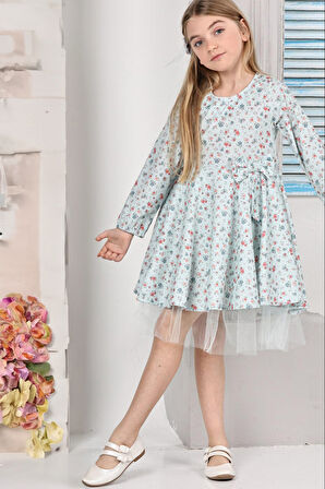 Kız Çocuk Kloş Elbise Çiçek Desenli Ve Etek Ucu Tüllü 12178