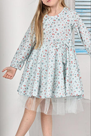 Kız Çocuk Kloş Elbise Çiçek Desenli Ve Etek Ucu Tüllü 12178