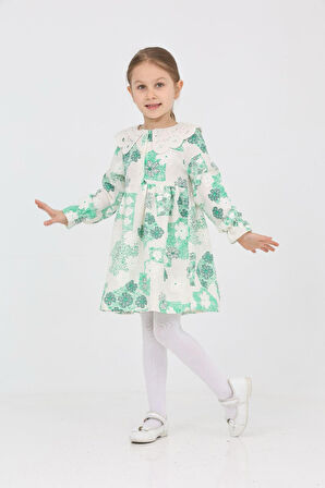 Kız Çocuk Keten Kumaş Dantel Yakalı Elbise 12191