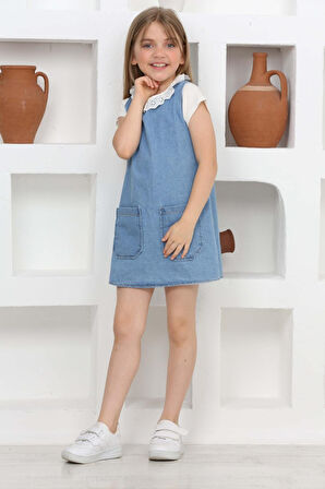 Kız Çocuk 2'li Jean Elbise (Çift Cepli Jean Elbise+Bluz)12203
