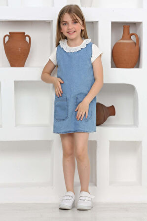 Kız Çocuk 2'li Jean Elbise (Çift Cepli Jean Elbise+Bluz)12203