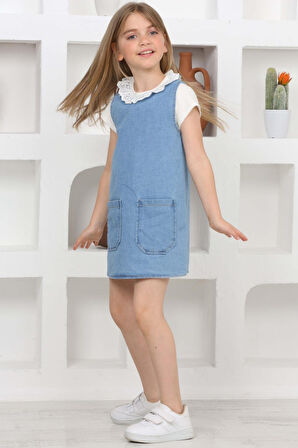 Kız Çocuk 2'li Jean Elbise (Çift Cepli Jean Elbise+Bluz)12203