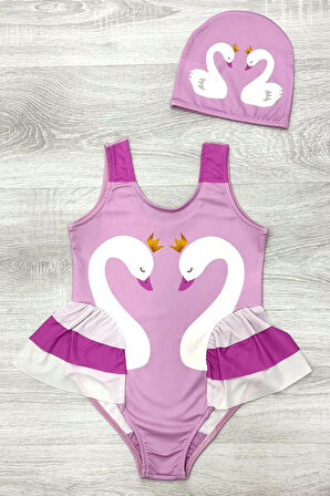 Kız Çocuk Kuğu Baskılı Fırfırlı ve Boneli Mayo Takımı 3-10 Yaş 12224