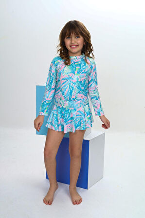 Kız Çocuk Şort Etekli Uzun Kollu Mayo Takımı 3-10 Yaş 12226