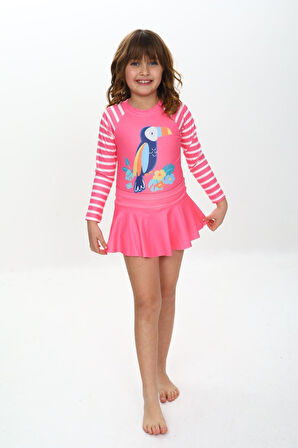 Kız Çocuk Şort Etekli Uzun Kollu Mayo Takımı 3-10 Yaş 12227