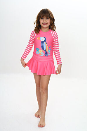 Kız Çocuk Şort Etekli Uzun Kollu Mayo Takımı 3-10 Yaş 12227