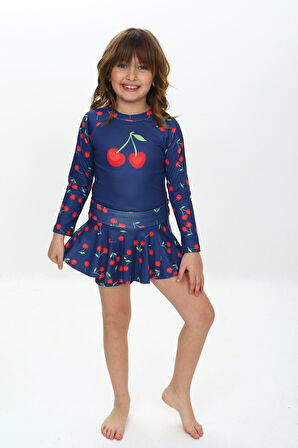 Kız Çocuk Şort Etekli Uzun Kollu Mayo Takımı 3-10 Yaş 12227