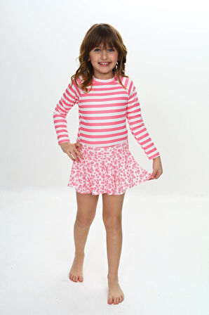 Kız Çocuk Şort Etekli Uzun Kollu Mayo Takımı 3-10 Yaş 12227
