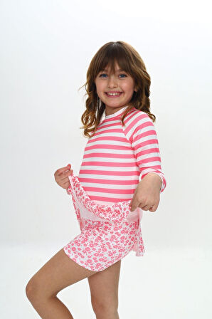 Kız Çocuk Şort Etekli Uzun Kollu Mayo Takımı 3-10 Yaş 12227