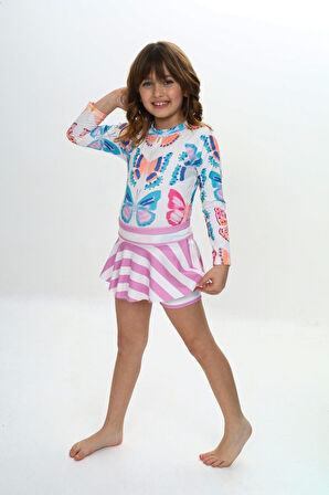 Kız Çocuk Şort Etekli Uzun Kollu Mayo Takımı 3-10 Yaş 12228