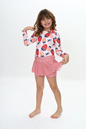 Kız Çocuk Şort Etekli Uzun Kollu Mayo Takımı 3-10 Yaş 12228