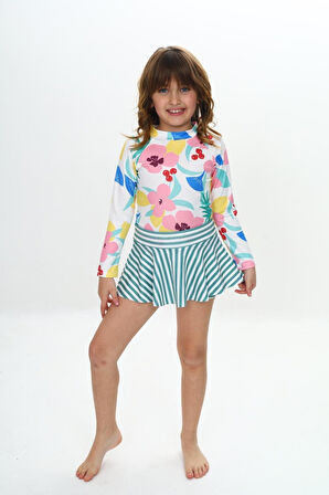 Kız Çocuk Şort Etekli Uzun Kollu Mayo Takımı 3-10 Yaş 12228