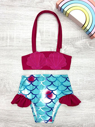 Kız Çocuk Deniz Kabuğu Nakışlı ve Fırfırlı Mayo Takımı  2-8 Yaş 12212