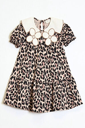 Kız Çocuk Rotasyon Desenli Yaka Detaylı Elbise 4-10 Yaş 12238