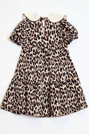 Kız Çocuk Rotasyon Desenli Yaka Detaylı Elbise 4-10 Yaş 12238