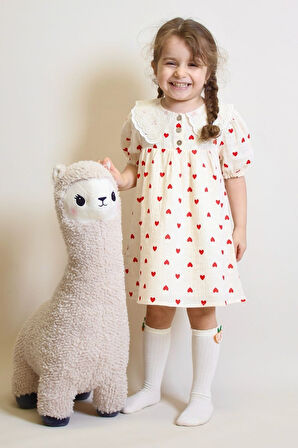 Kız Çocuk Müslin Kumaş Kalp Desenli Ve Yaka Detaylı Elbise 4-10 Yaş 12239