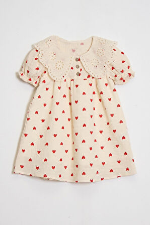 Kız Çocuk Müslin Kumaş Kalp Desenli Ve Yaka Detaylı Elbise 4-10 Yaş 12239
