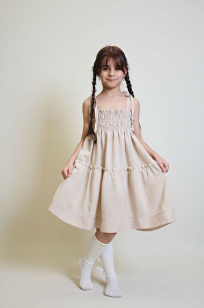 Kız Çocuk Göğüs Büzgülü Askılı Kollu Keten Elbise 12250