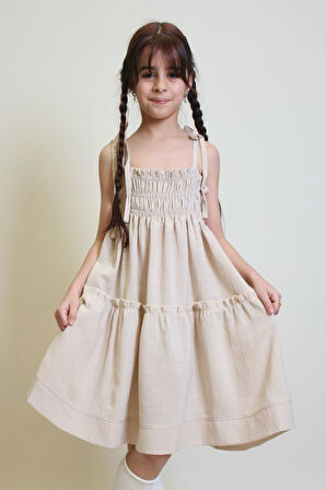 Kız Çocuk Göğüs Büzgülü Askılı Kollu Keten Elbise 12250