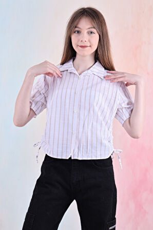 Kız Çocuk Büzgü Detaylı-Çizgi Desenli Crop Gömlek 6-14 Yaş 12251