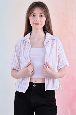 Kız Çocuk Büzgü Detaylı-Çizgi Desenli Crop Gömlek 6-14 Yaş 12251