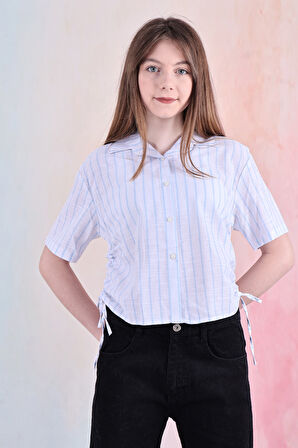 Kız Çocuk Büzgü Detaylı-Çizgi Desenli Crop Gömlek 6-14 Yaş 12251