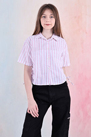 Kız Çocuk Büzgü Detaylı-Çizgi Desenli Crop Gömlek 6-14 Yaş 12251