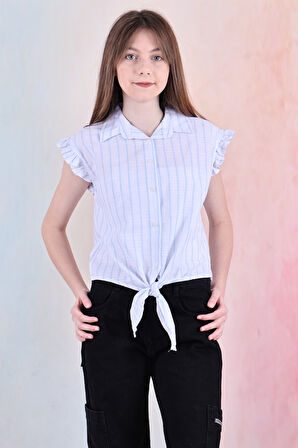 Kız Çocuk Kolları Fırfırlı ve Bel Bağlama Detaylı Crop Gömlek 6-14 Yaş 12252