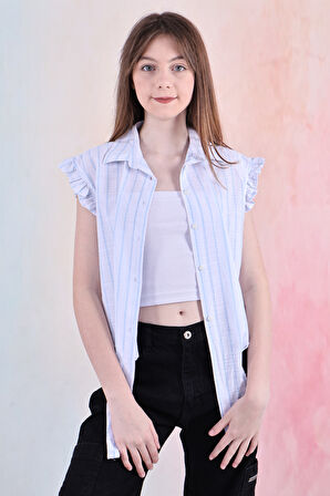 Kız Çocuk Kolları Fırfırlı ve Bel Bağlama Detaylı Crop Gömlek 6-14 Yaş 12252