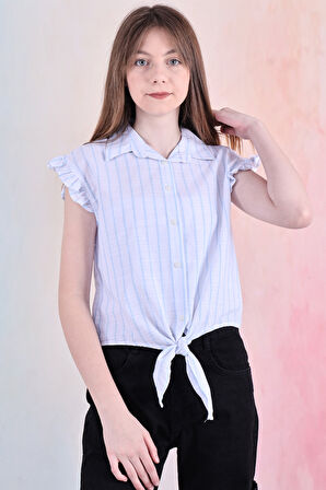 Kız Çocuk Kolları Fırfırlı ve Bel Bağlama Detaylı Crop Gömlek 6-14 Yaş 12252