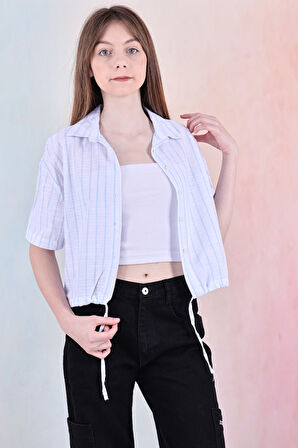 Kız Çocuk Bel Büzgü Detaylı Crop Gömlek 6-14 Yaş 12253