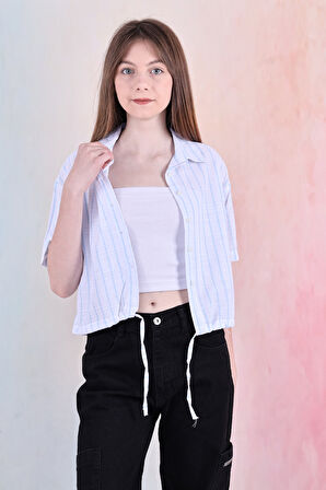 Kız Çocuk Bel Büzgü Detaylı Crop Gömlek 6-14 Yaş 12253