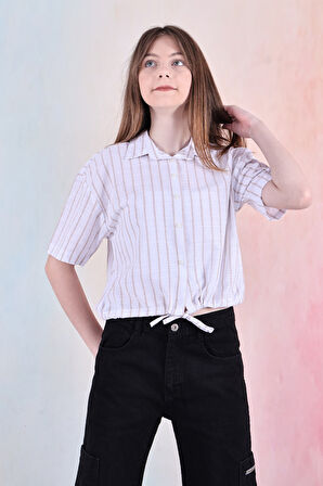 Kız Çocuk Bel Büzgü Detaylı Crop Gömlek 6-14 Yaş 12253