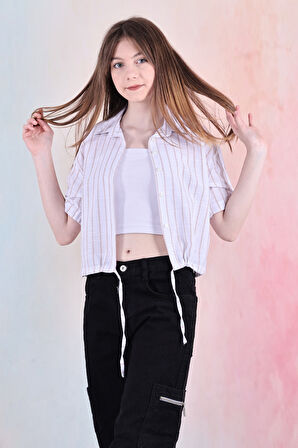 Kız Çocuk Bel Büzgü Detaylı Crop Gömlek 6-14 Yaş 12253