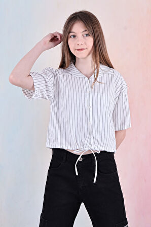 Kız Çocuk Bel Büzgü Detaylı Crop Gömlek 6-14 Yaş 12253