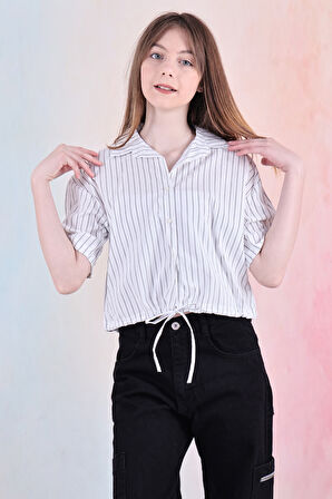 Kız Çocuk Bel Büzgü Detaylı Crop Gömlek 6-14 Yaş 12253