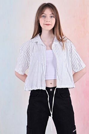 Kız Çocuk Bel Büzgü Detaylı Crop Gömlek 6-14 Yaş 12253