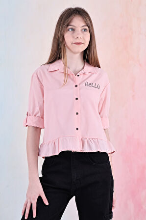 Kız Çocuk Bel Detaylı-Taş Baskılı Crop Gömlek 6-15 Yaş 12254