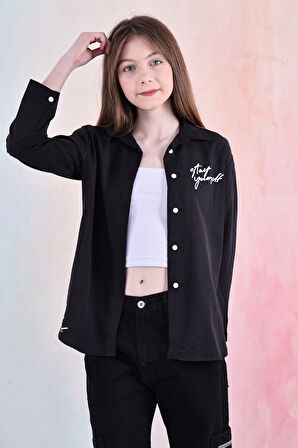 Kız Çocuk Panelli ve Yazı Baskılı Gömlek 6-15 Yaş 12255