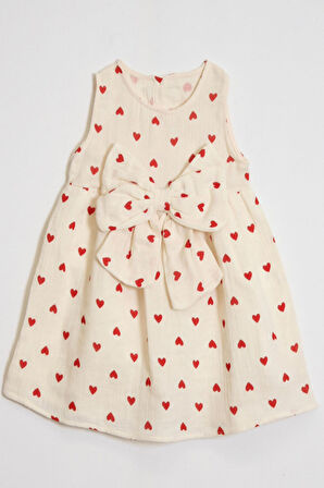 Kız Çocuk %100 Müslin Pamuk Fiyonk Detaylı Elbise 4-10 Yaş 12262