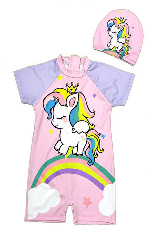 Kız Çocuk Fermuarlı - Kısa Kollu Boneli Mayo Takımı 2-8 Yaş 12263