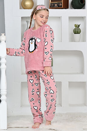 Kız Çocuk Peluş Kumaş-Göz Bantlı Penguenli Pijama Takımı 12281