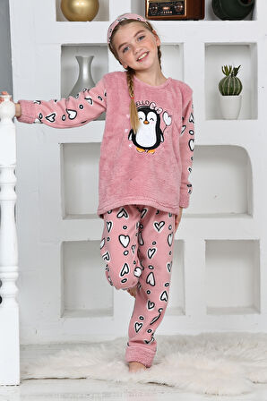 Kız Çocuk Peluş Kumaş-Göz Bantlı Penguenli Pijama Takımı 12281