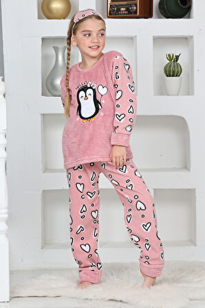 Kız Çocuk Peluş Kumaş-Göz Bantlı Penguenli Pijama Takımı 12281